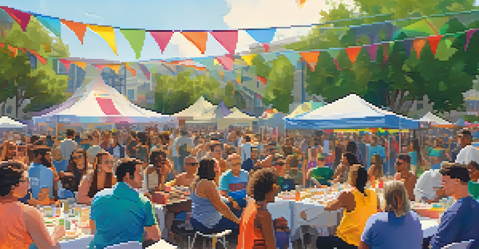 A community gathering at a Pride festival with booths and attendees engaging in discussions, showcasing a sense of togetherness.