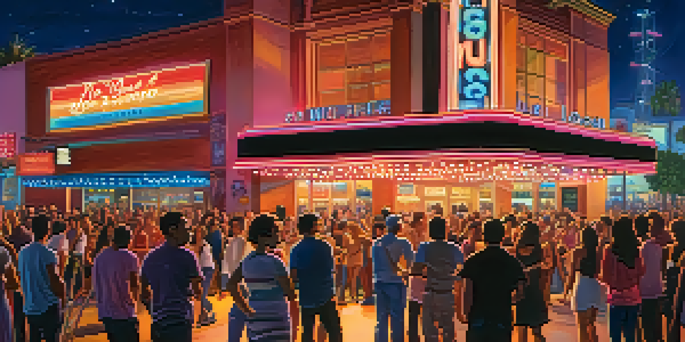 A lively live music venue in Los Angeles with a diverse audience enjoying a performance under colorful stage lights.