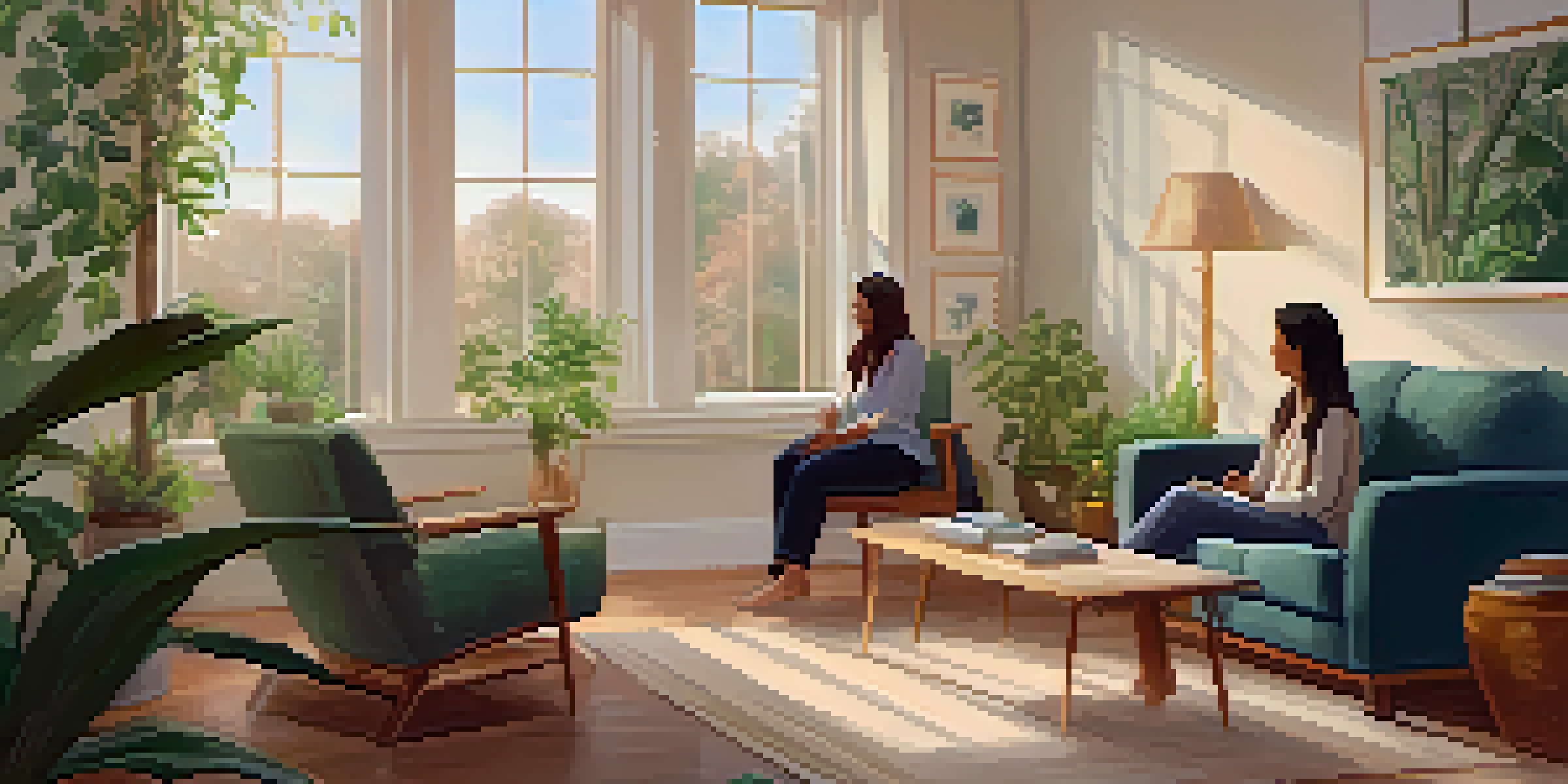 A therapist and client engaged in a calming therapy session in a cozy room with soft lighting and decorative plants.