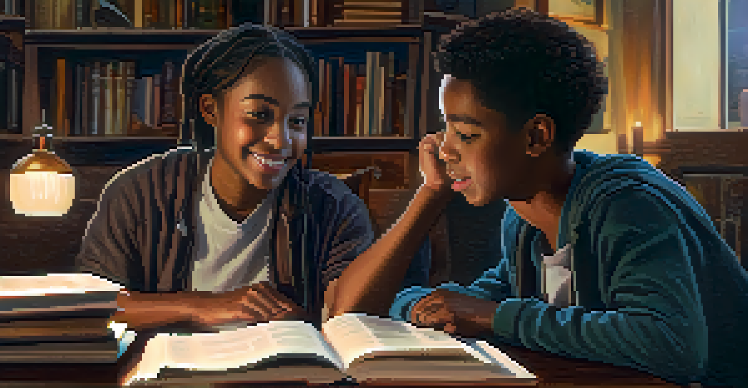 A mentor and a young person having an engaged conversation at a table, surrounded by books and educational materials in a warm setting.