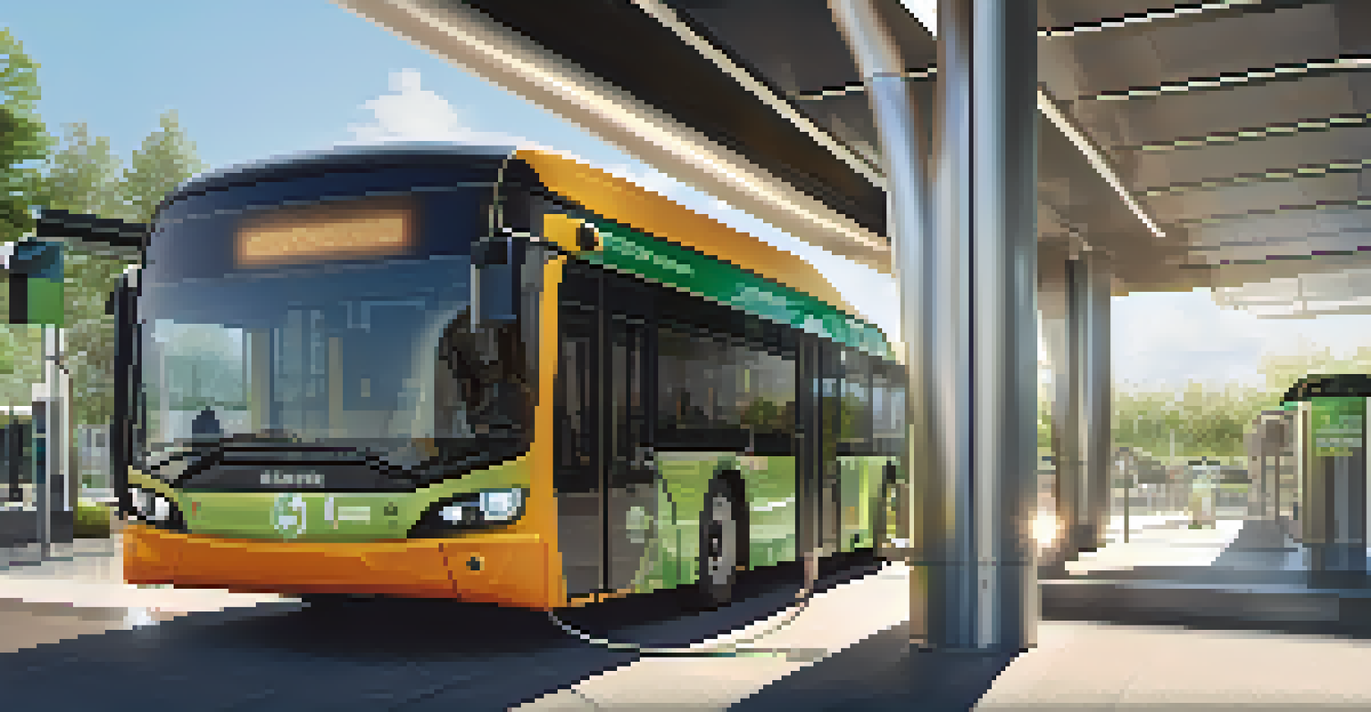 Close-up of an electric bus charging at a modern station, surrounded by greenery and solar panels, highlighting sustainability.