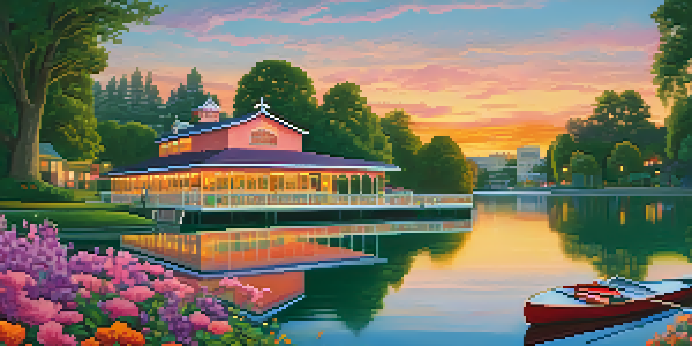 A beautiful sunset over Echo Park Lake with paddle boats and a charming boathouse surrounded by greenery.