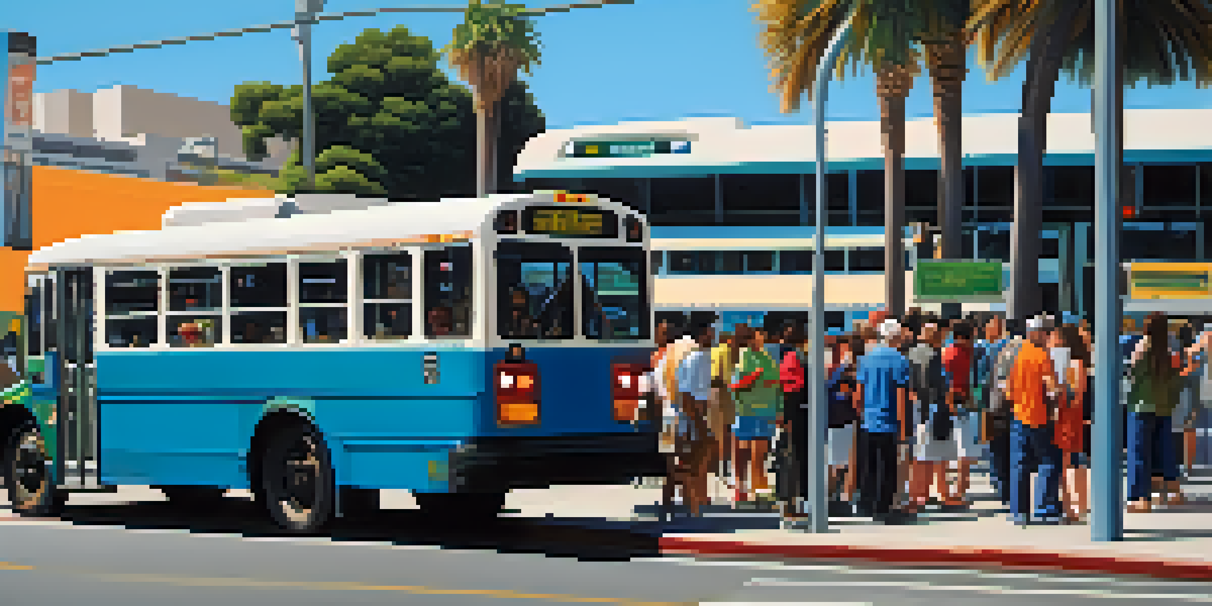 A vibrant city scene with commuters at a bus stop in Los Angeles, featuring colorful buses and palm trees under a bright sky.