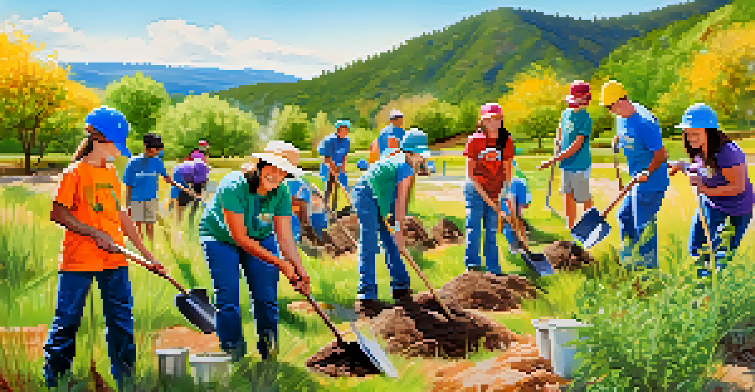 Volunteers of all ages participating in a habitat restoration event by planting native trees in a sunny outdoor environment.