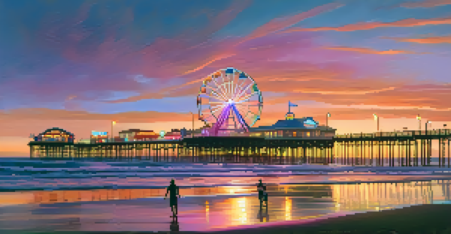 Santa Monica Pier at sunset with a vibrant Ferris wheel and families enjoying the beach.
