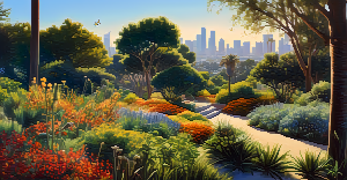 A sunny urban park in Los Angeles filled with native plants and wildflowers, featuring butterflies and birds, highlighting wildlife conservation.