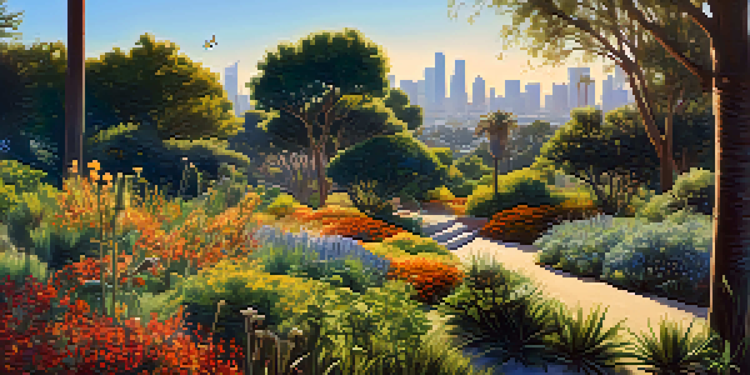 A sunny urban park in Los Angeles filled with native plants and wildflowers, featuring butterflies and birds, highlighting wildlife conservation.