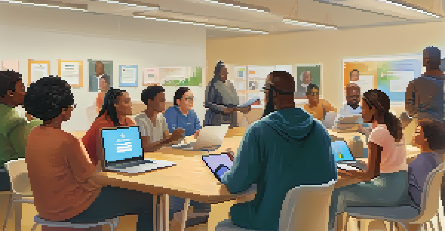 A diverse group of people participating in a digital training session at a community center.