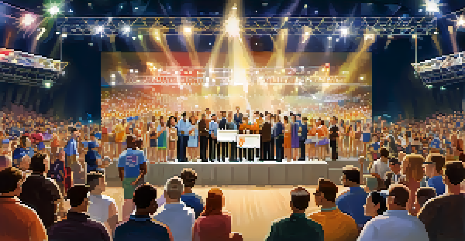 A festive award ceremony where diverse participants are receiving trophies and celebrating their achievements in sports.