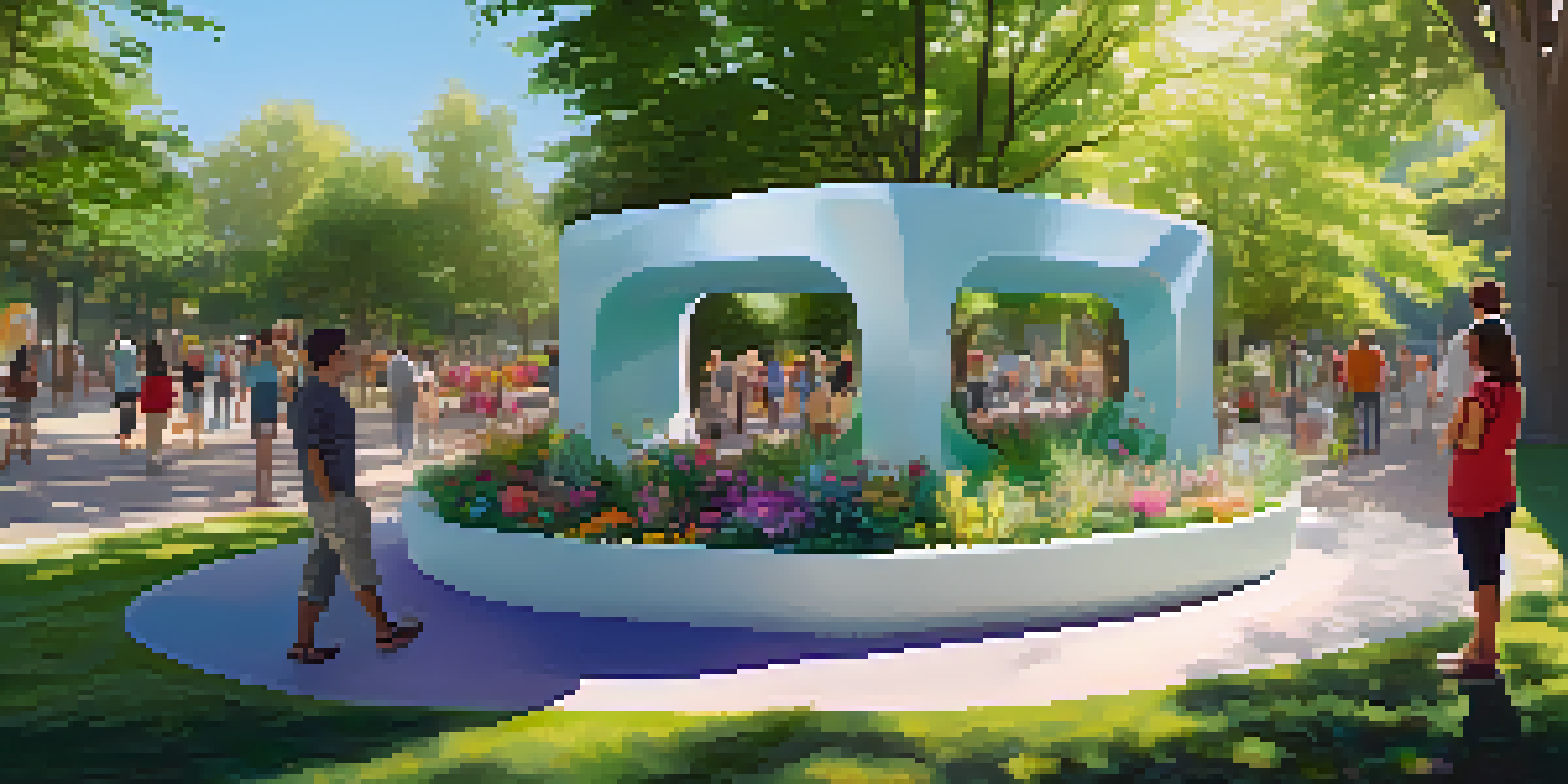 A lively park with an interactive digital sculpture that changes colors as people move around it, surrounded by greenery and colorful flowers, with sunlight filtering through the trees.