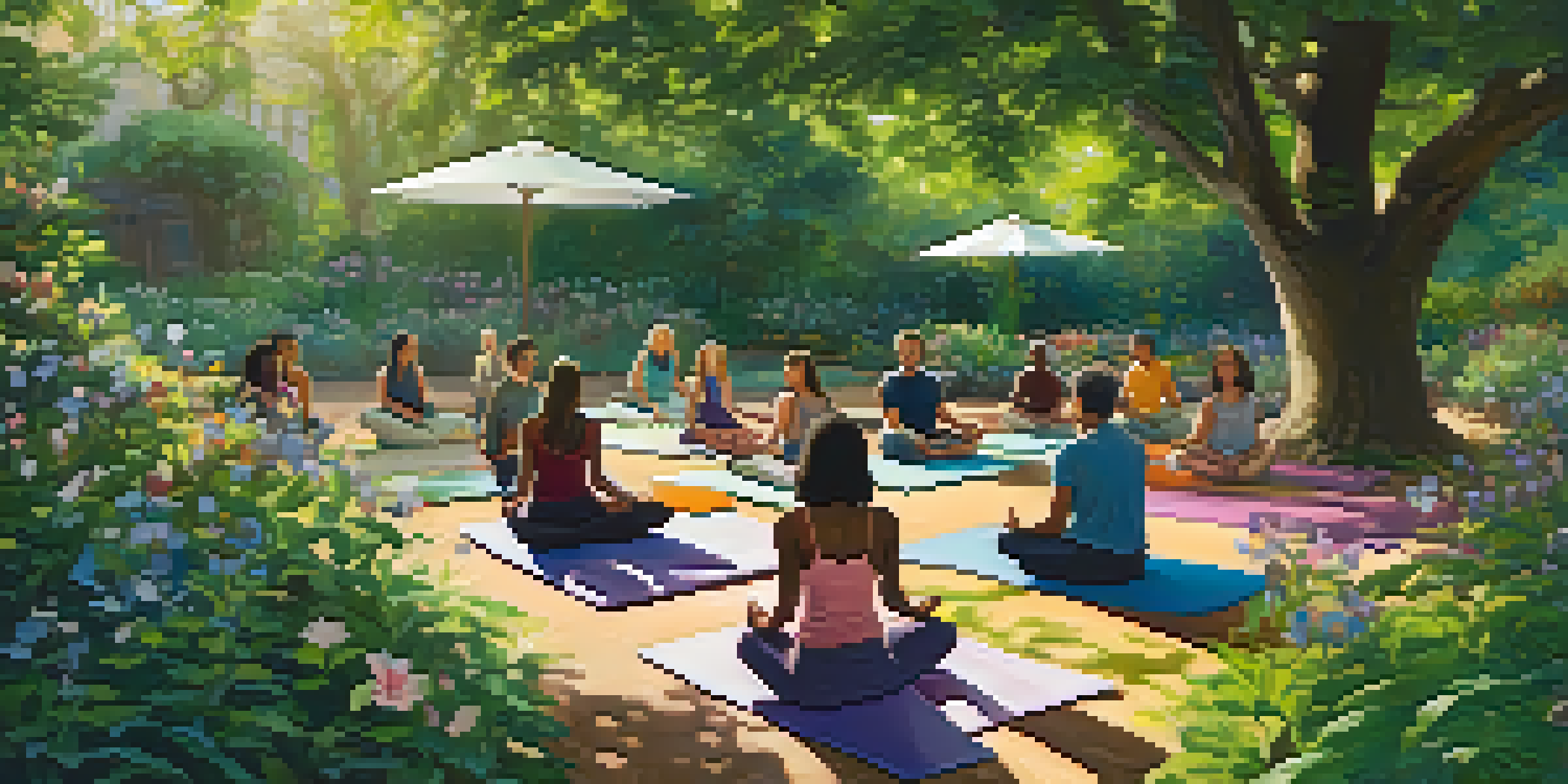 A diverse group of people meditating on colorful mats in a lush garden, with sunlight filtering through trees.