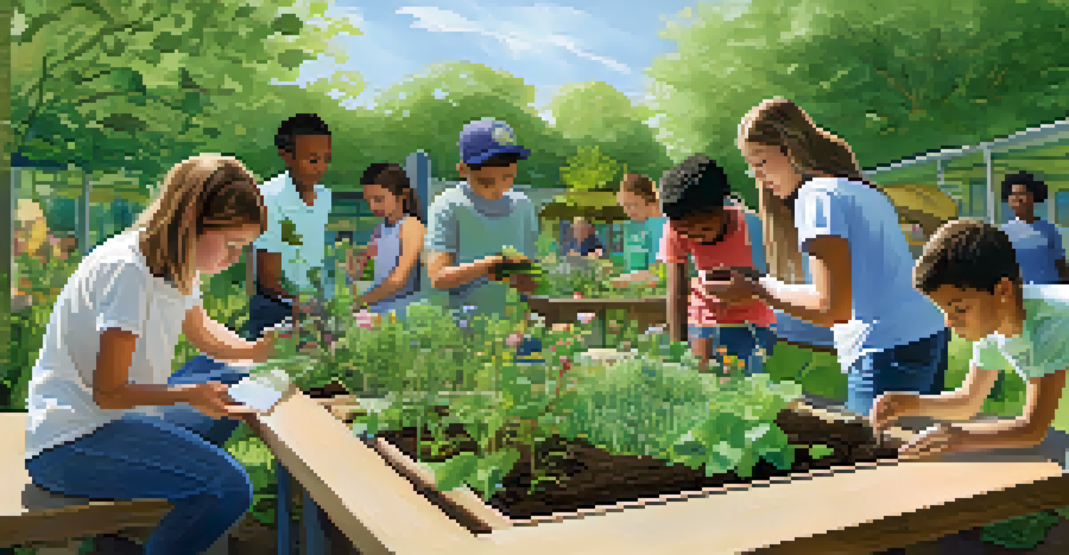 A library-led workshop on sustainability in a community garden, with participants planting seeds and learning about composting in a lush green setting.