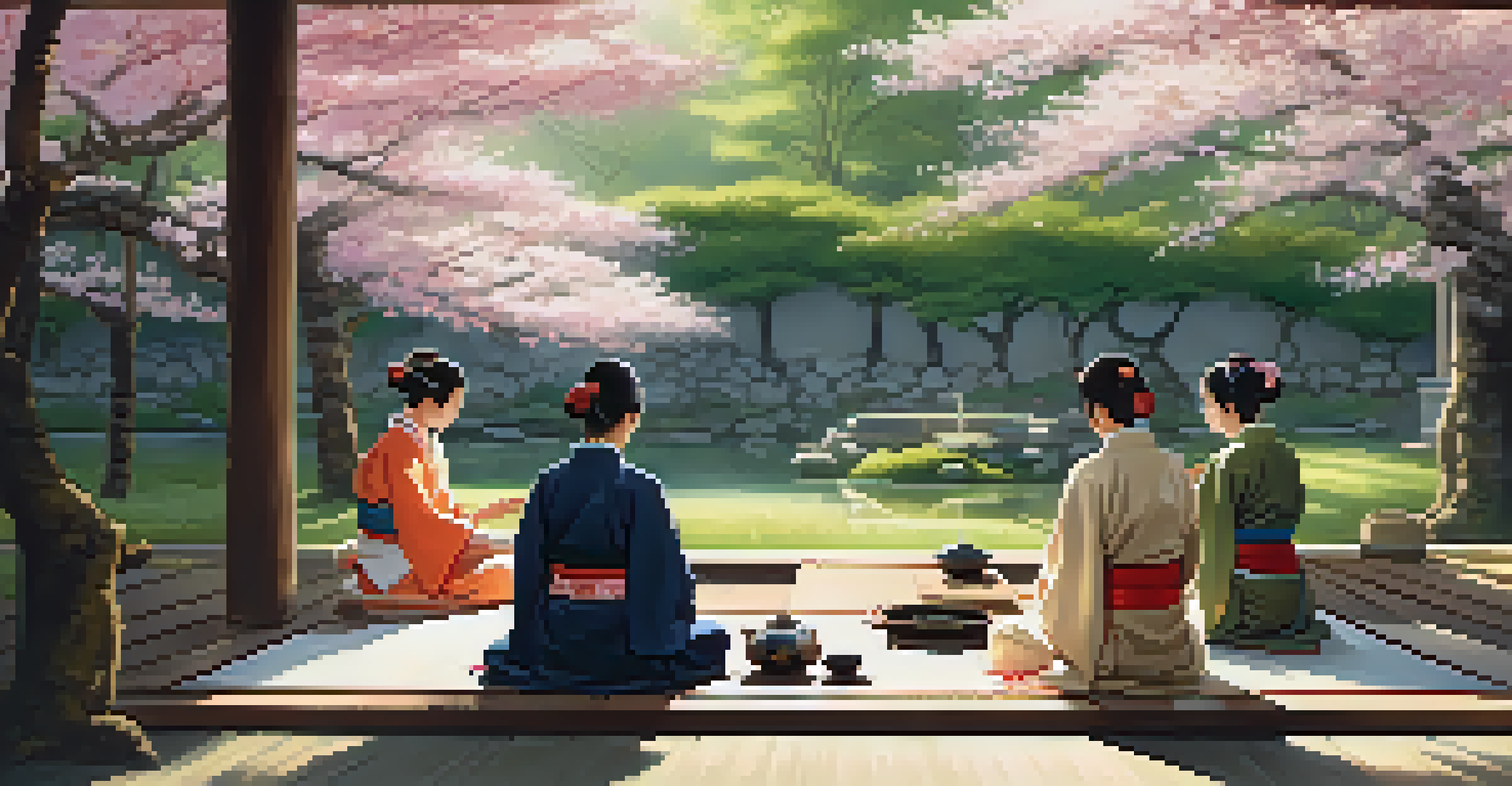 A Japanese tea ceremony in a tranquil garden with participants in kimonos, cherry blossom trees, and soft sunlight.