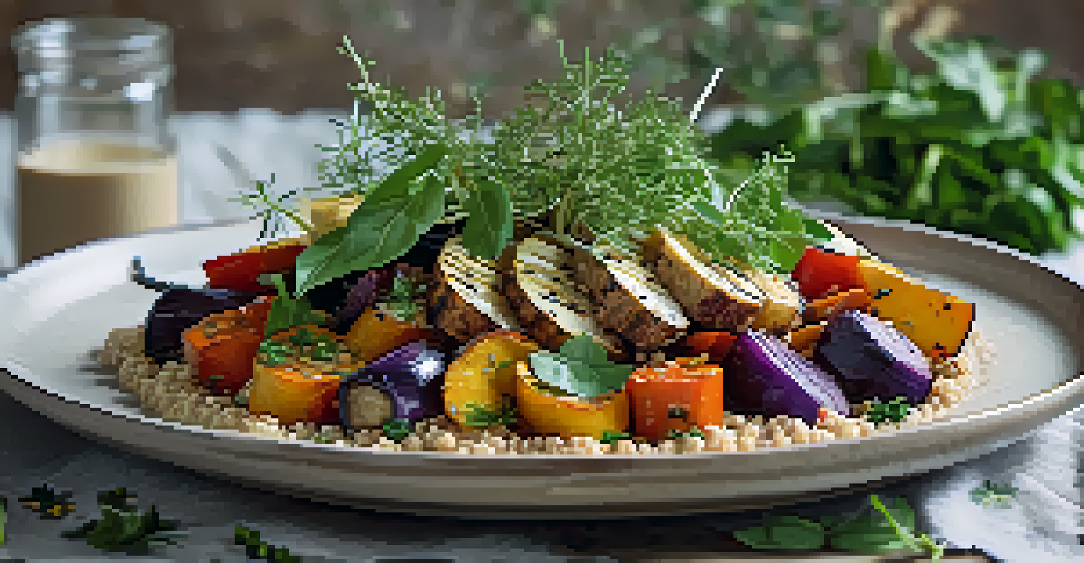 An artfully arranged plant-based meal with roasted vegetables and quinoa on a rustic plate, illuminated by natural light.