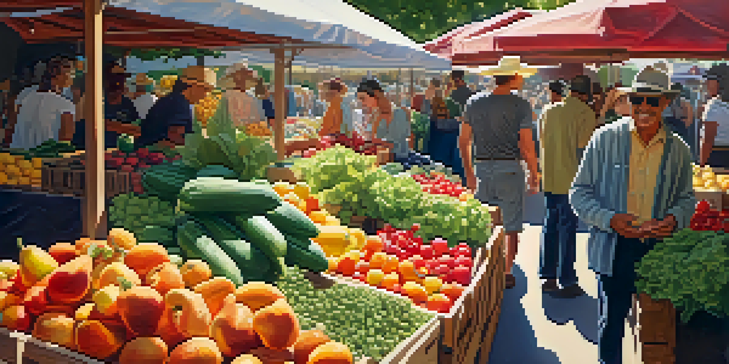 A busy farmer's market in Los Angeles with colorful fruits and vegetables, sunlight filtering through leaves, and people interacting with farmers.