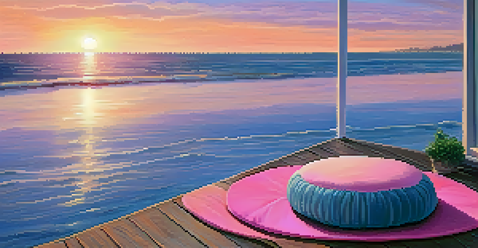 A peaceful meditation cushion on a wooden deck overlooking the ocean at sunset, with warm orange and pink hues in the sky.