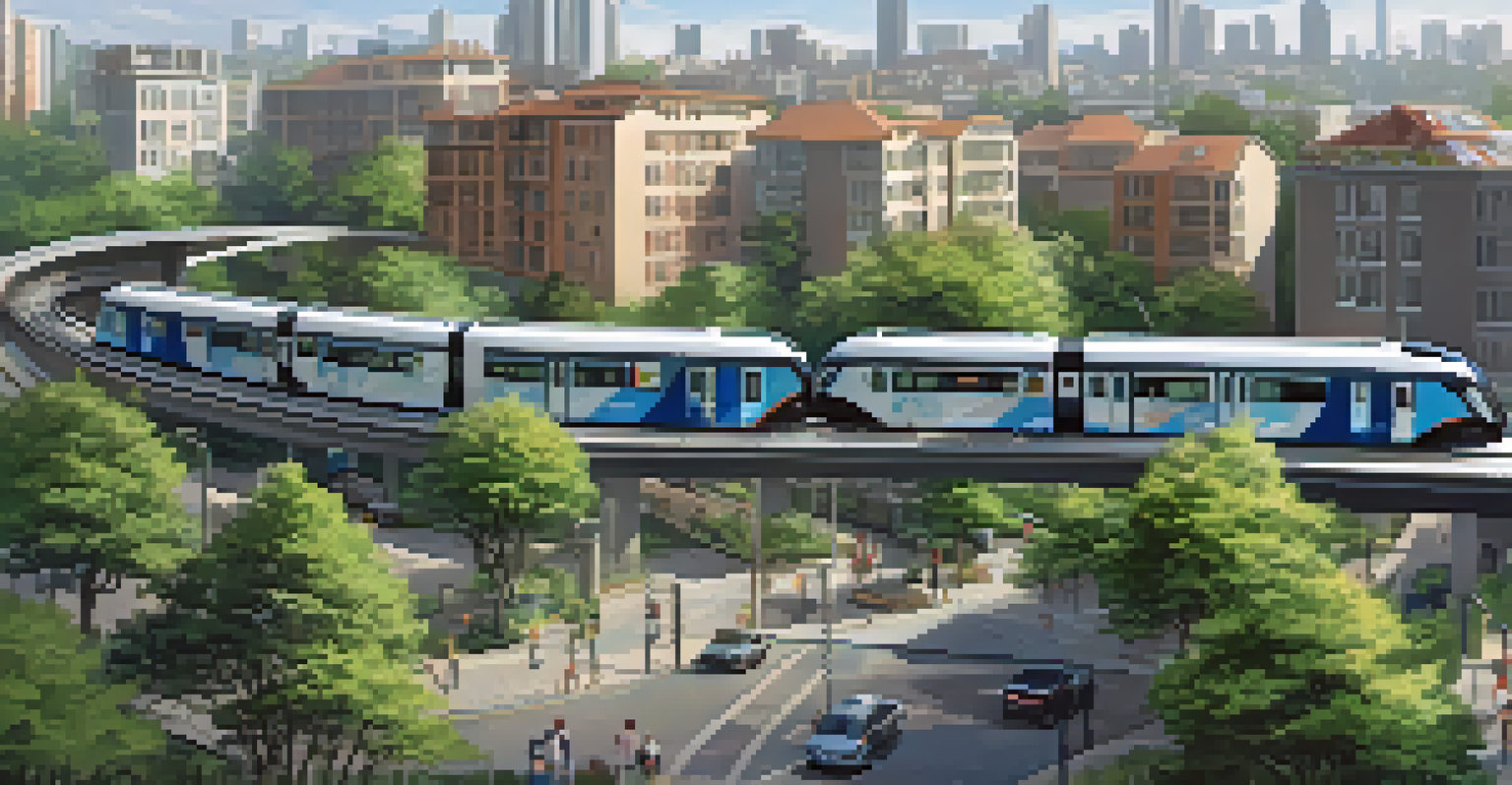 A panoramic city view with a light rail train passing through a well-planned neighborhood full of greenery and modern buildings.