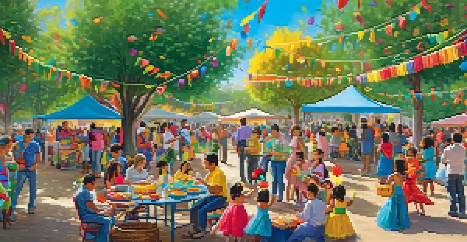 A family-friendly Cinco de Mayo celebration with children playing and colorful piñatas in a park.