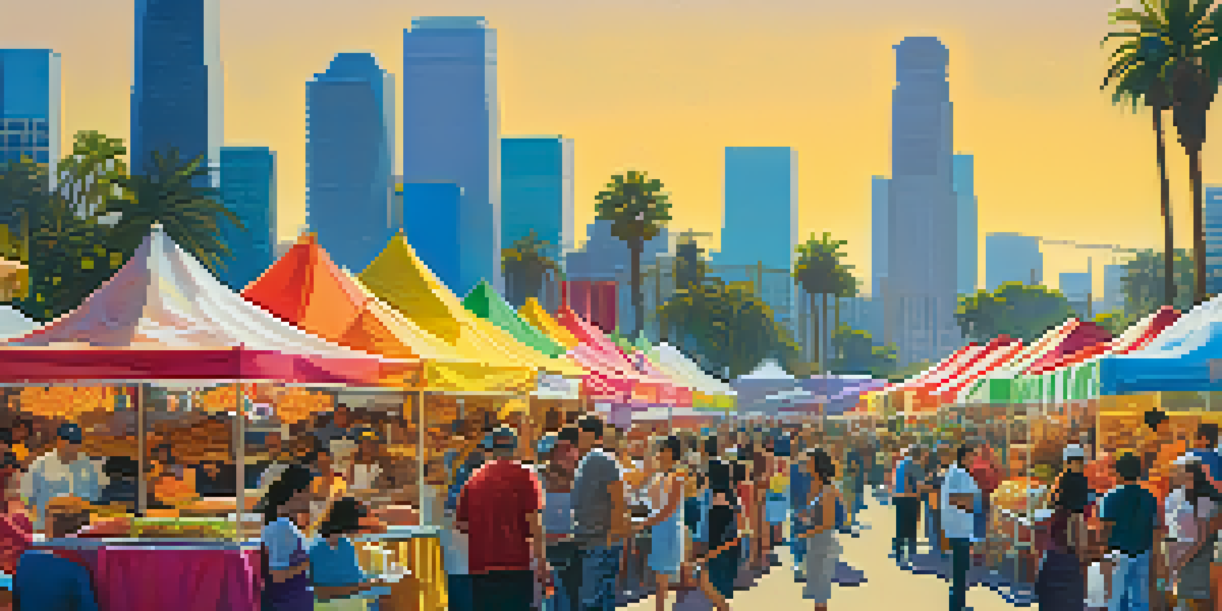 A lively food festival in Los Angeles with diverse attendees enjoying various food stalls under the sun, featuring palm trees and the city skyline.