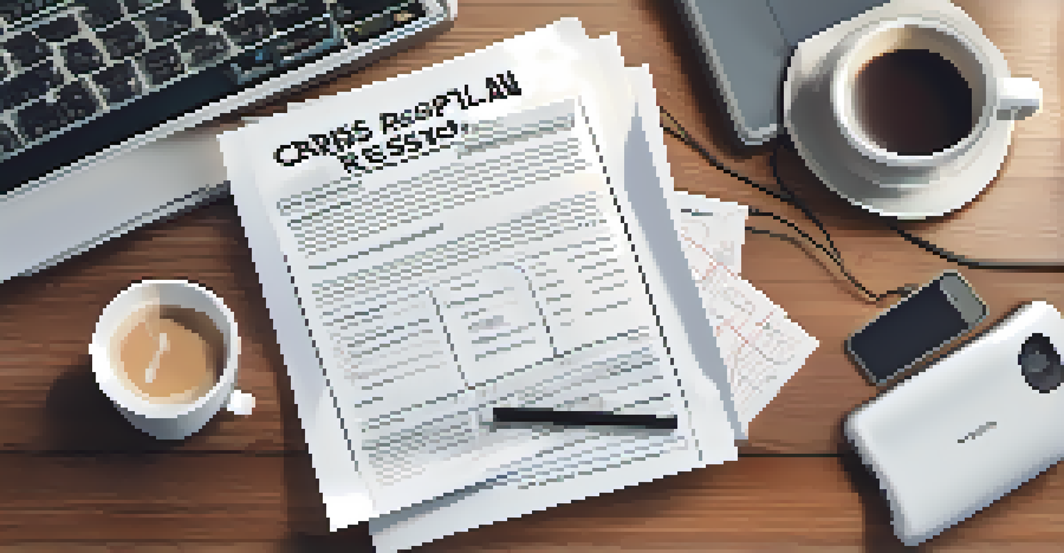 A close-up view of an open crisis response plan document on a wooden table with a laptop, smartphone, and coffee cup in a softly lit setting.