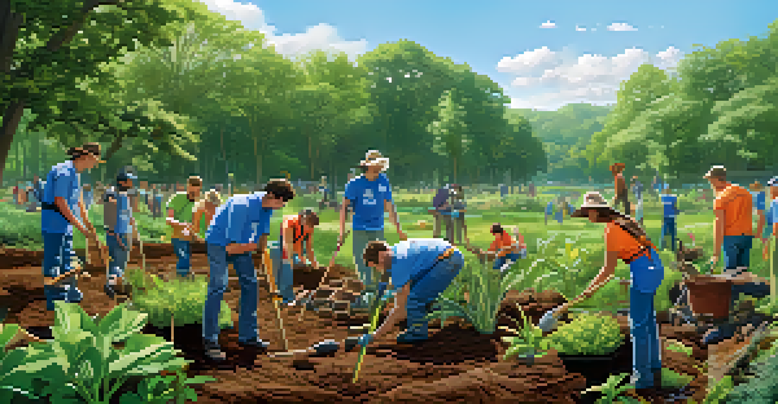 A diverse group of volunteers planting native species in a park, representing community efforts in habitat restoration.