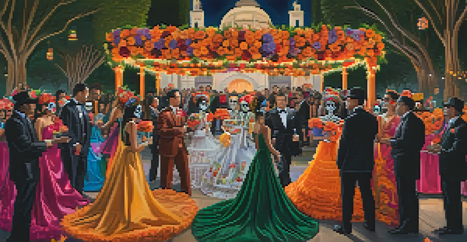 Día de los Muertos celebration at Hollywood Forever Cemetery with colorful altars and performers in traditional costumes.