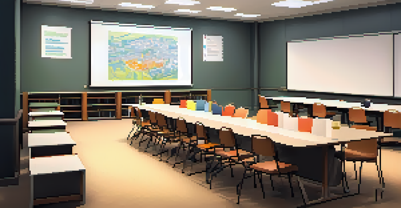 A library room prepared for a town hall meeting with chairs in a circle and a whiteboard.