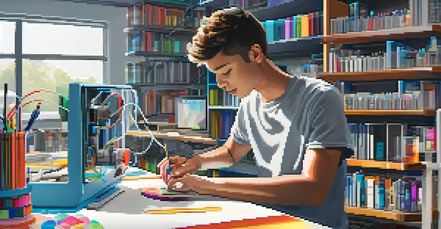 A modern makerspace in a library featuring a young person using a 3D printer and another on a laptop, surrounded by crafting supplies in a bright, creative environment.