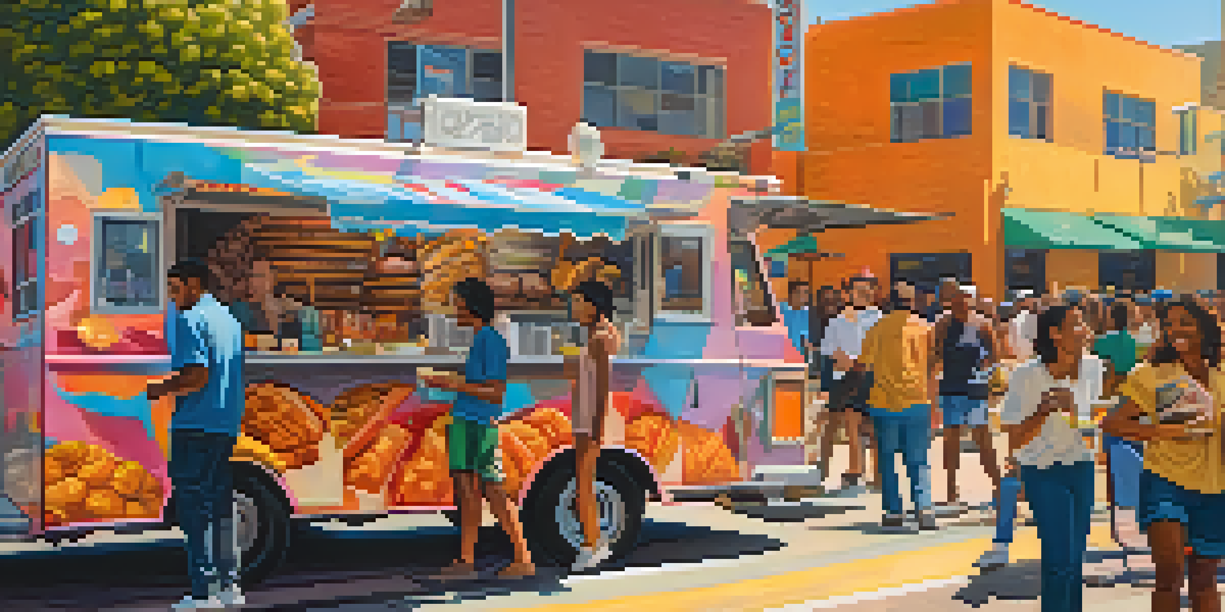 A lively street scene in Los Angeles with diverse people enjoying food from colorful food trucks and murals in the background.