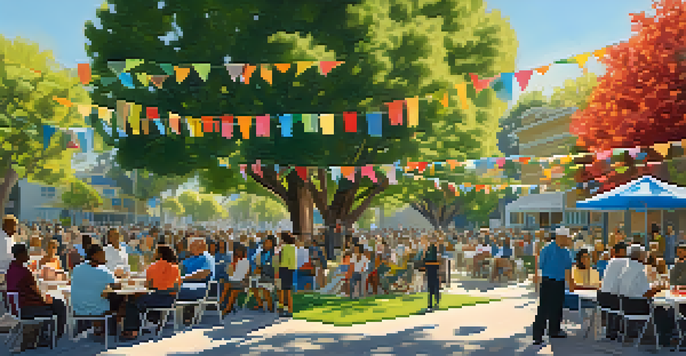 A diverse group of residents participating in a community meeting in a park, with colorful banners and a sunny atmosphere.