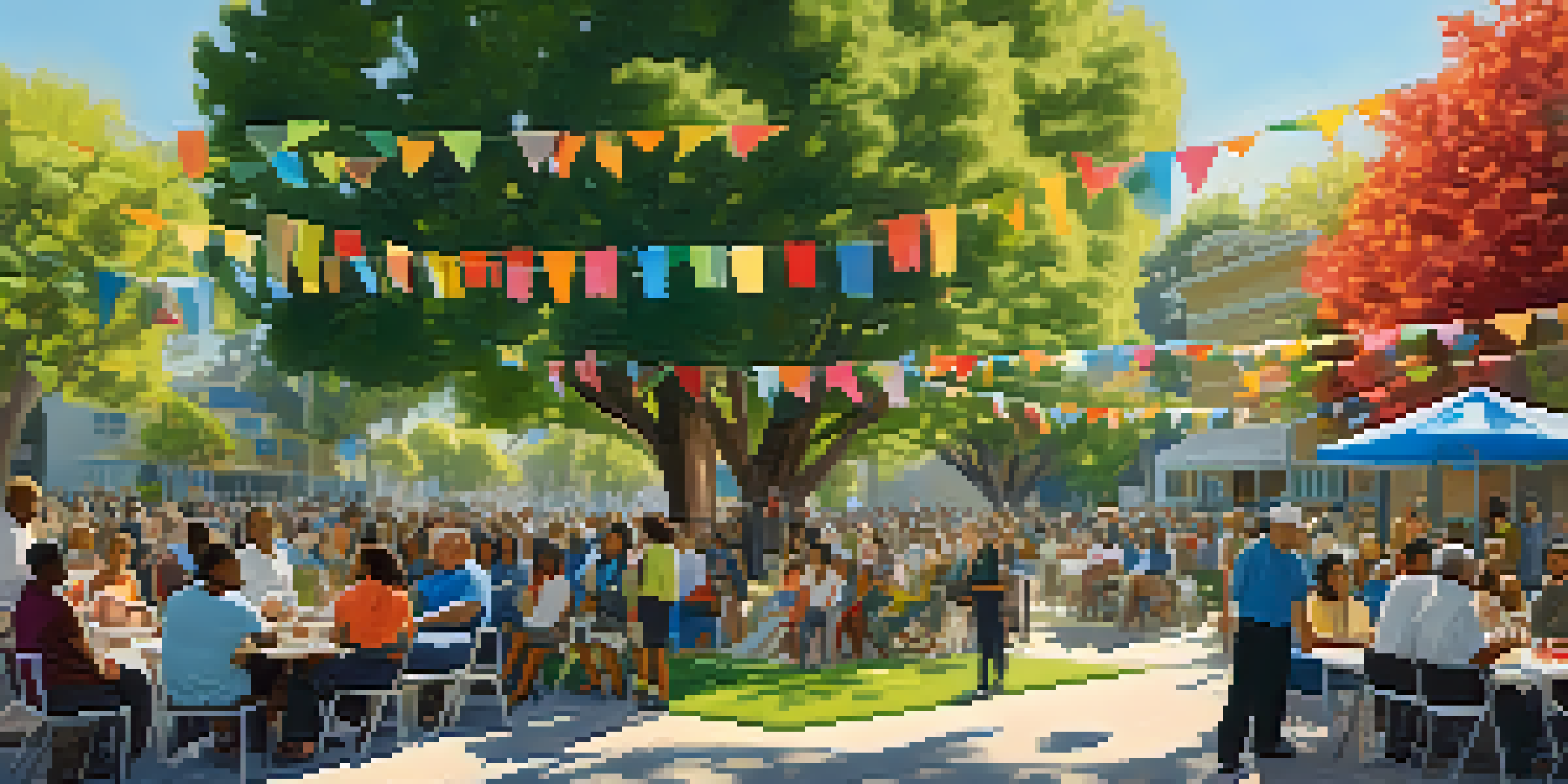 A diverse group of residents participating in a community meeting in a park, with colorful banners and a sunny atmosphere.