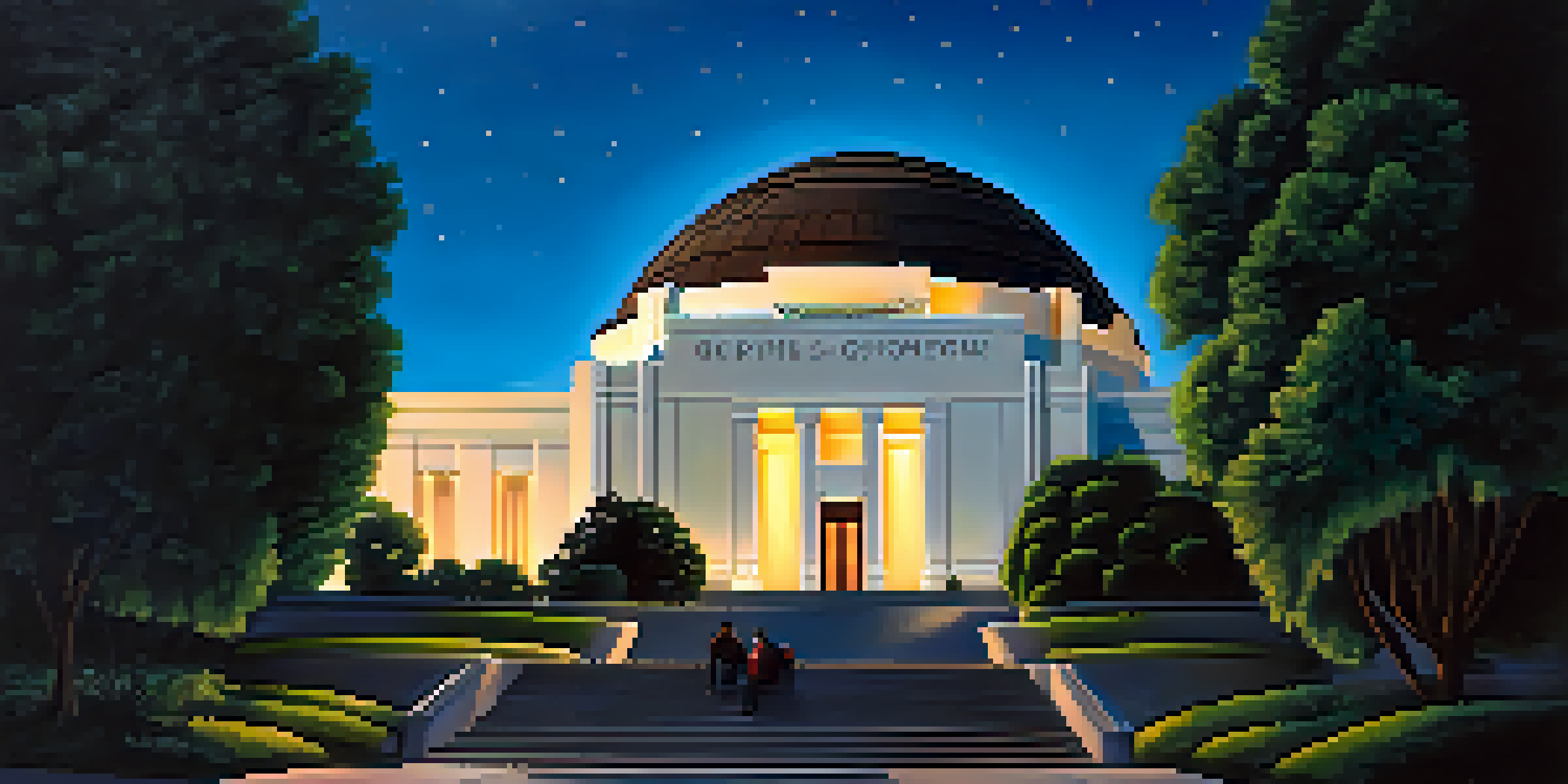 A view of Griffith Observatory at dusk with its dome illuminated and the Los Angeles skyline in the background.