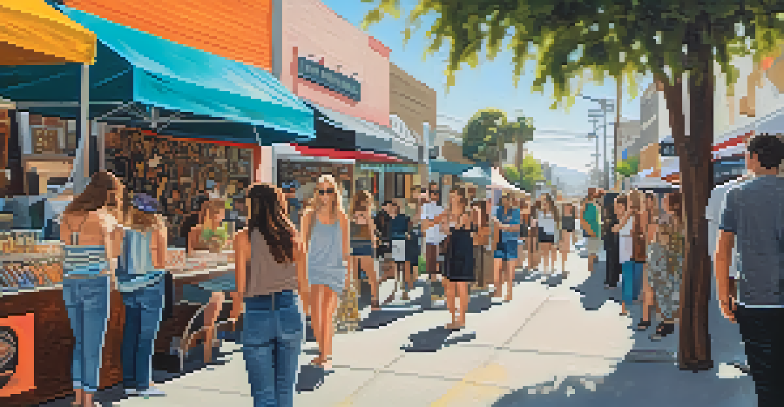 An artsy street scene on Abbot Kinney Boulevard during a street fair, showcasing artisans, trendy shops, food trucks, and vibrant street art.
