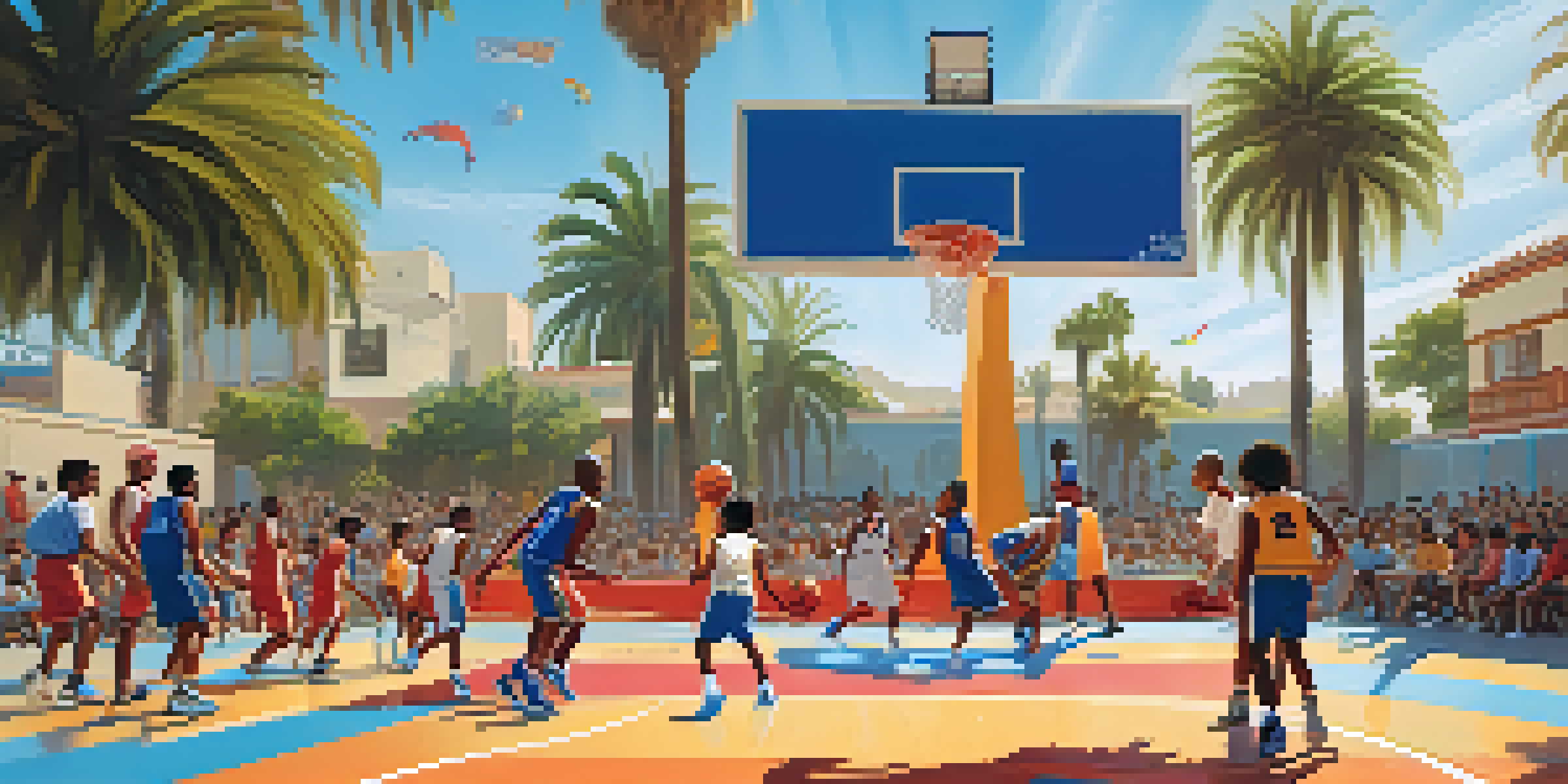 A lively community basketball tournament in Los Angeles with diverse teams and enthusiastic spectators under a blue sky.
