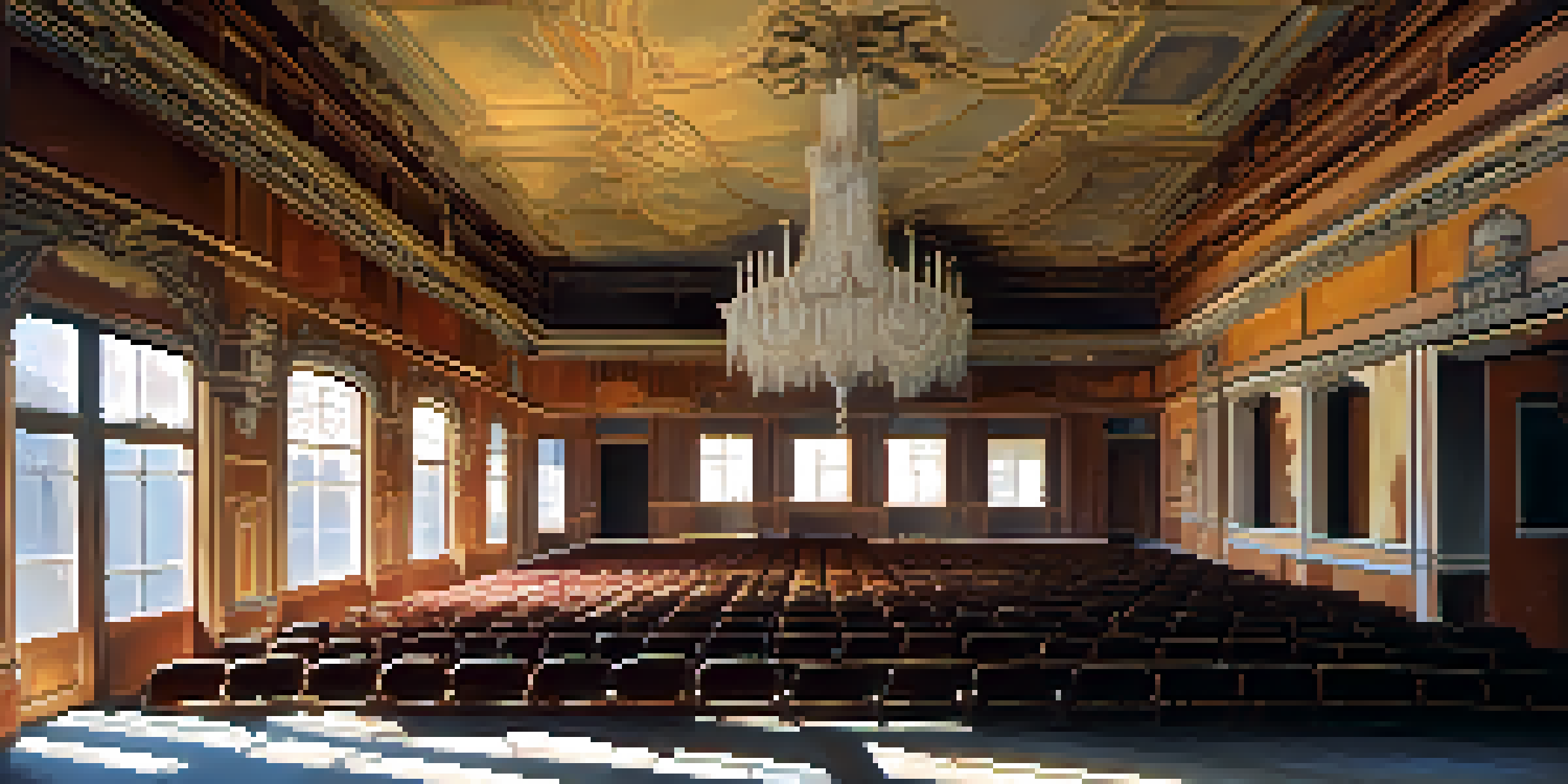 An abandoned theater with peeling paint and broken windows, illuminated by golden hour sunlight.