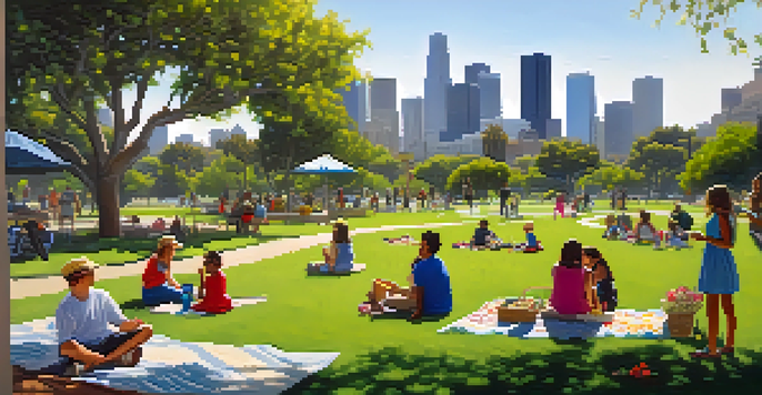 A lively urban park in Los Angeles with people picnicking and children playing amidst colorful native plants and trees, with the city skyline in the background.