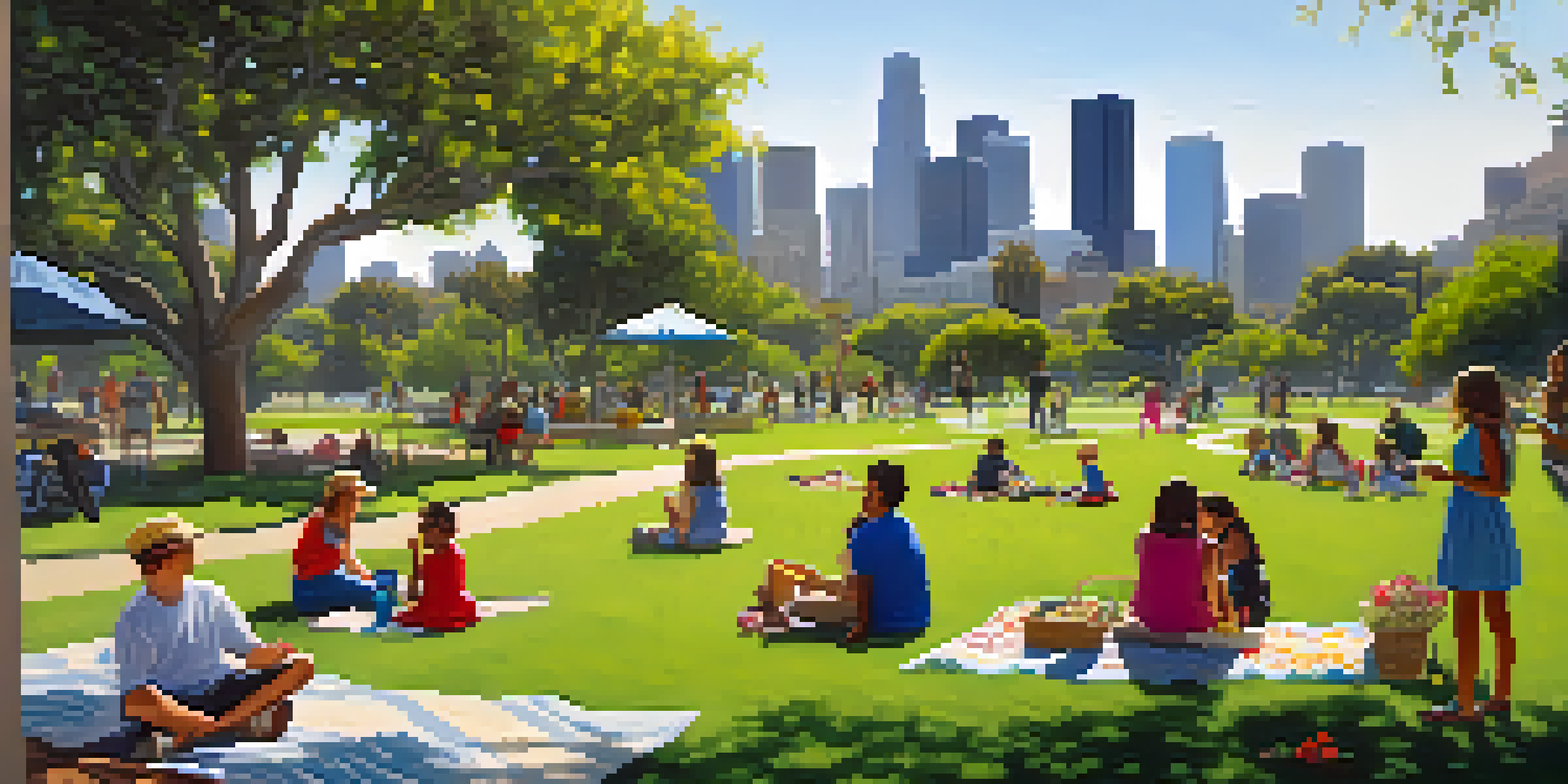 A lively urban park in Los Angeles with people picnicking and children playing amidst colorful native plants and trees, with the city skyline in the background.