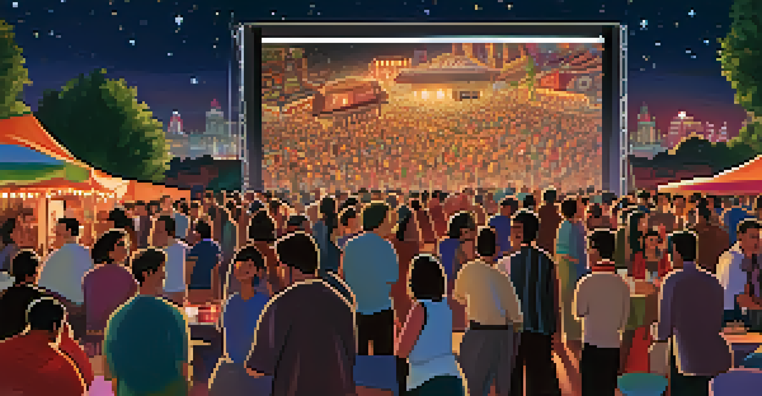 A lively film festival scene at night with an outdoor screen, diverse audience, and colorful lights under a starry sky.