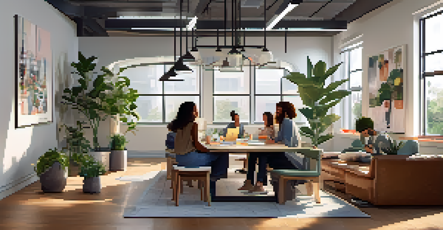 A bright and modern indoor collaboration space with influencers discussing ideas and creating content.
