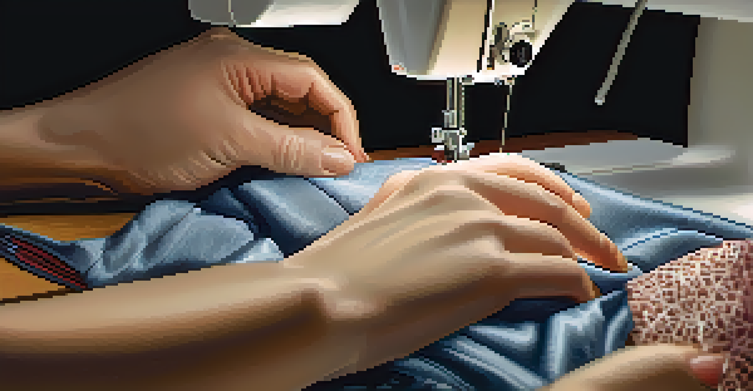 A close-up of a designer's hands sewing a garment, highlighting the craftsmanship and quality of the fabric.