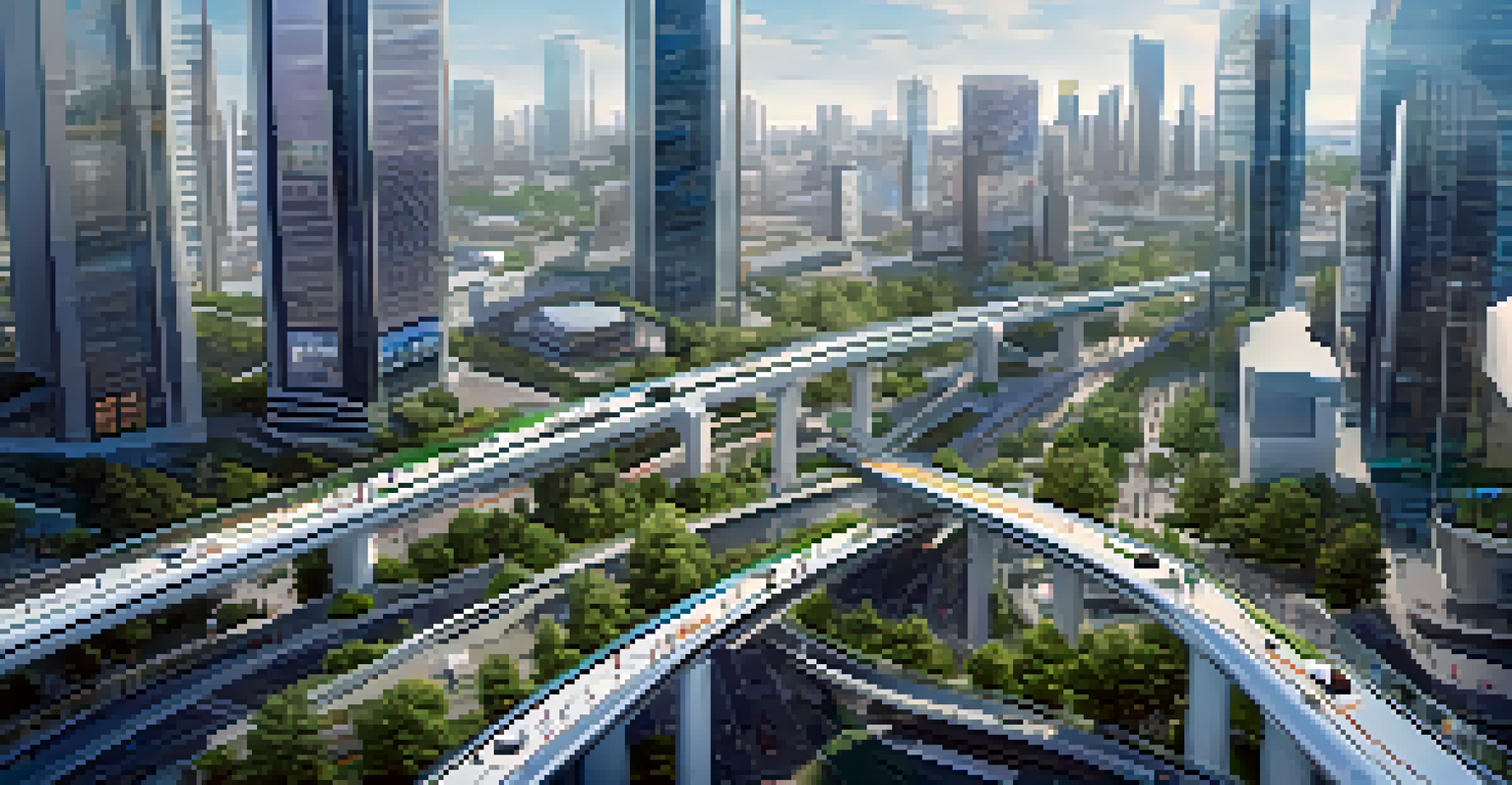 An aerial view of a smart city with buses, trams, and bike-sharing stations, surrounded by people and modern buildings with greenery.