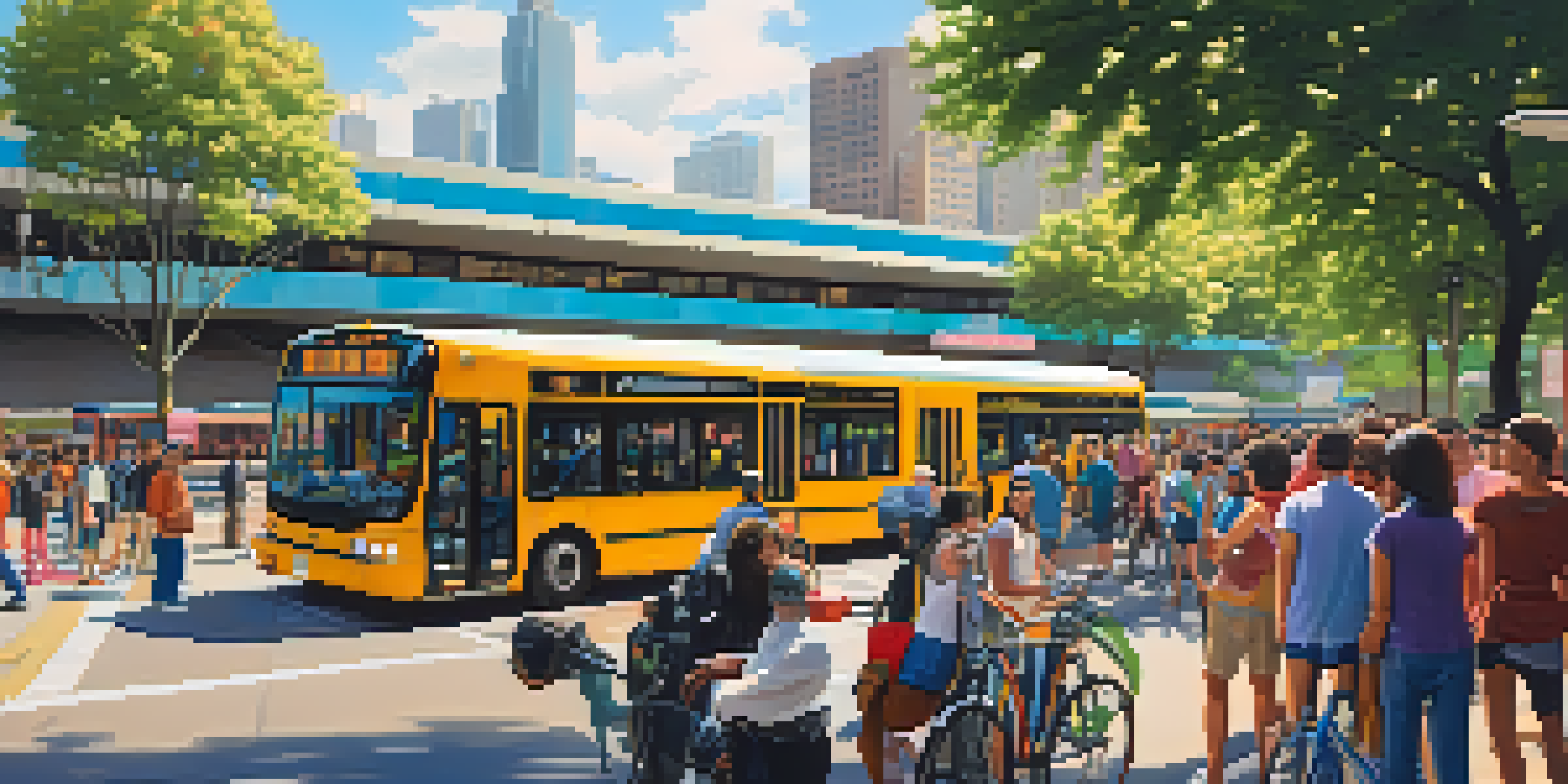 A busy urban bus station with diverse commuters, colorful buses, and green bike lanes under a clear sky.