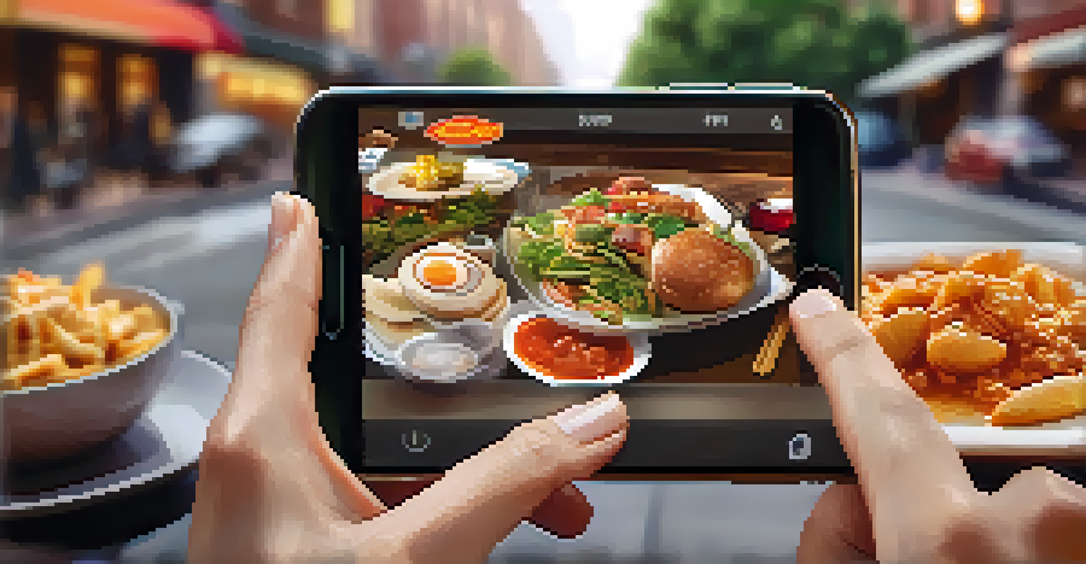 Hands interacting with a smartphone app, set against a backdrop of tasty food in an urban environment.
