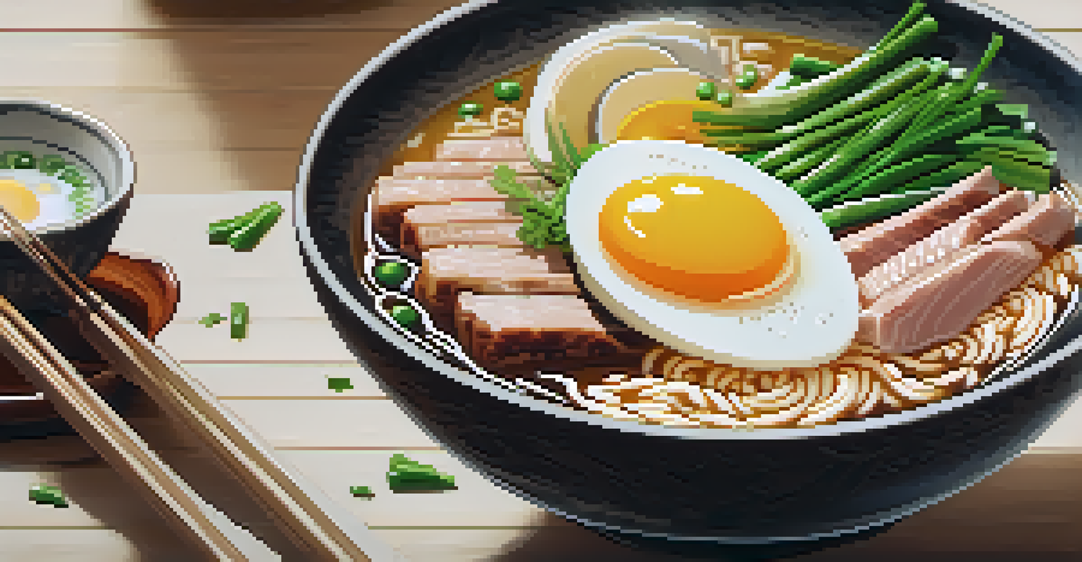 A close-up of a beautifully plated bowl of ramen with rich broth and fresh ingredients on a wooden table.