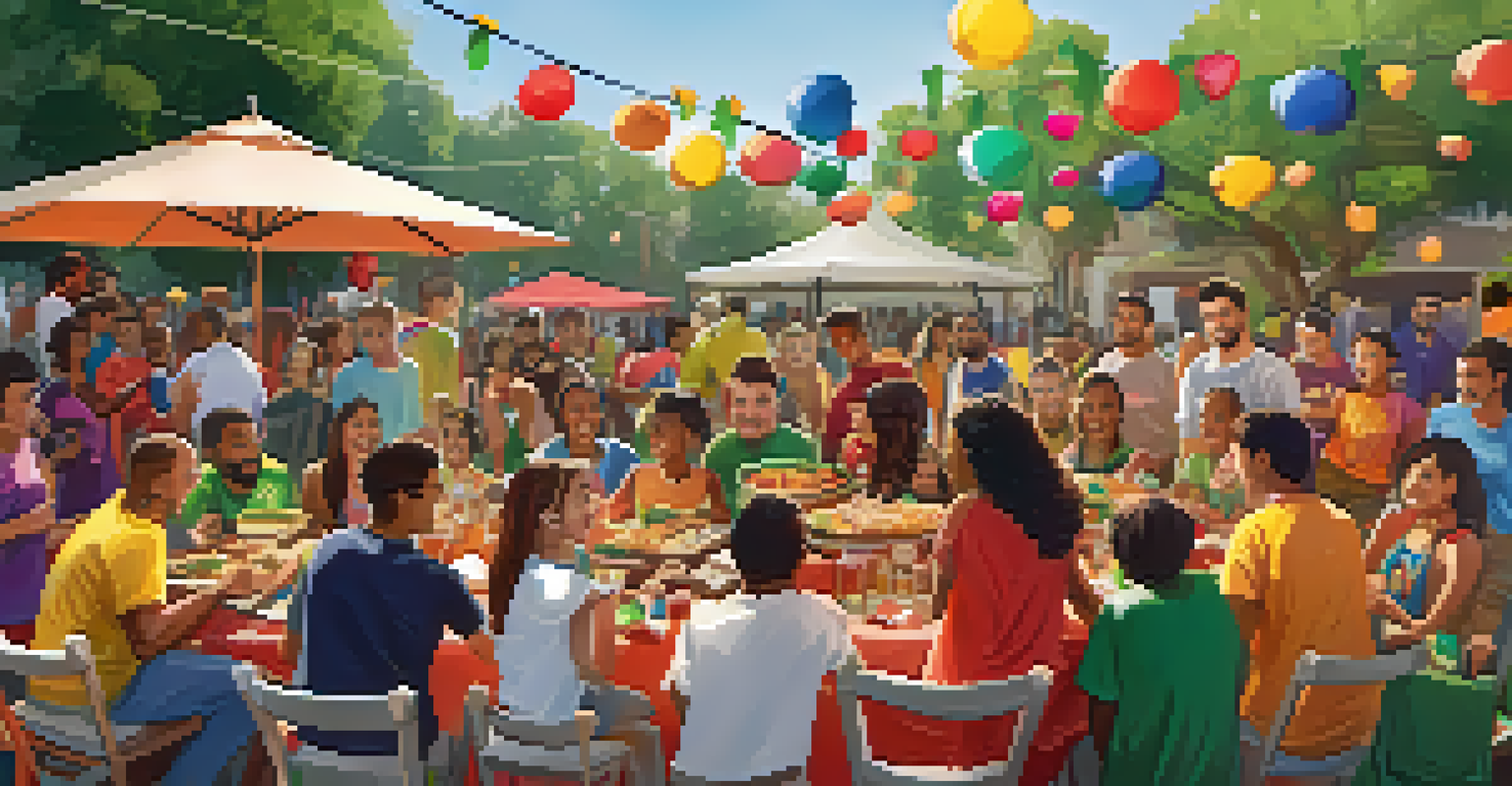 A diverse group of families and friends enjoying a soccer watch party outdoors, with food and decorations that reflect various cultures.