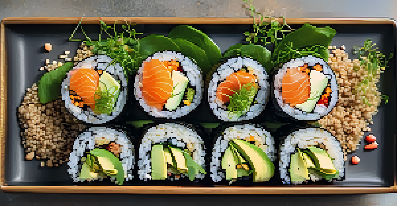 A platter of quinoa sushi rolls with vegetables and avocado, garnished with microgreens and dipping sauces.