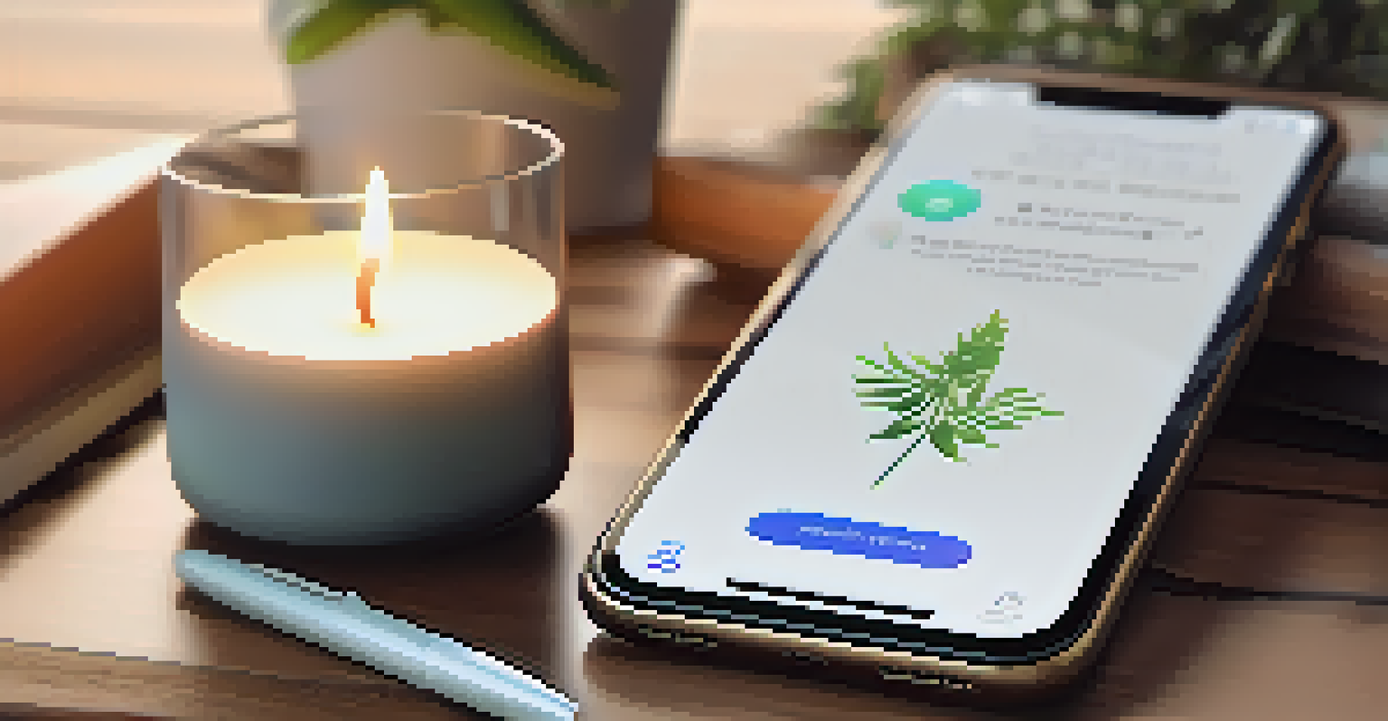 A close-up of a smartphone showing a wellness app interface for guided meditation, placed on a wooden table with a candle and a journal in a cozy setting.