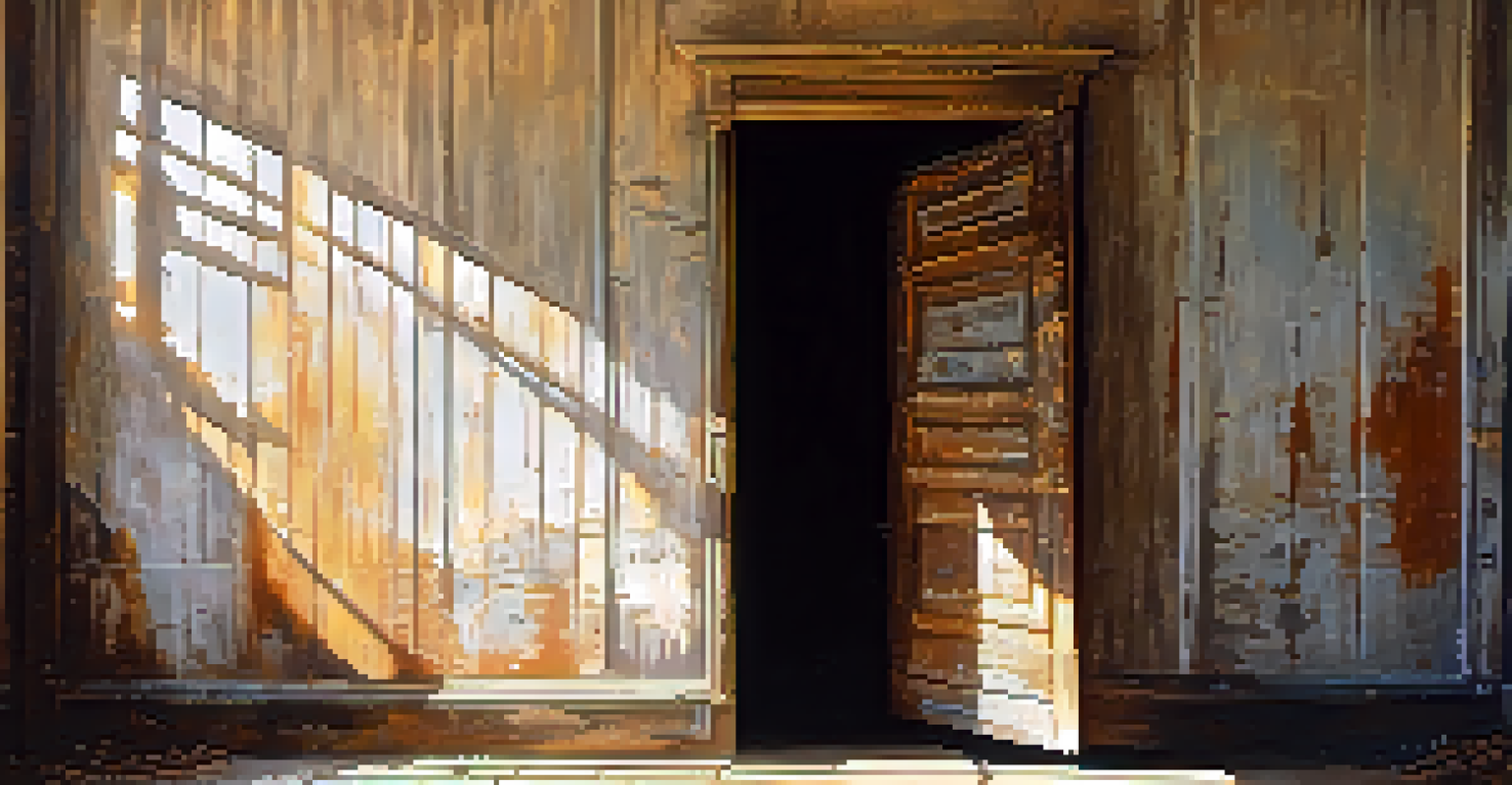 A close-up of a weathered door with rust and peeling paint in an abandoned warehouse.