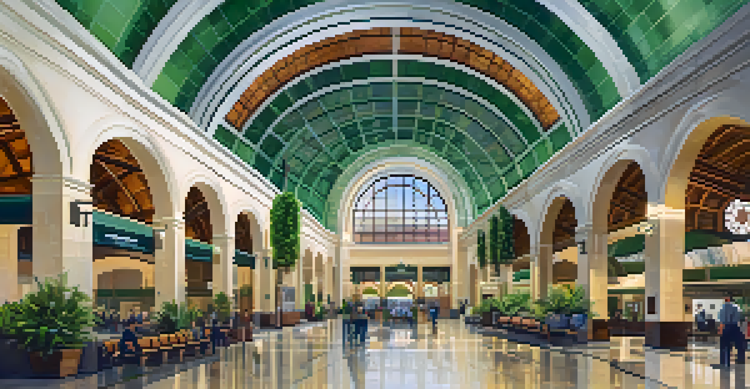 The interior of Los Angeles Union Station, featuring modern amenities alongside vintage architectural details.