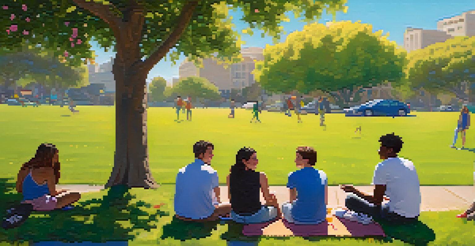 A group of LGBTQ+ youth in a park, sitting on the grass and sharing stories, surrounded by blooming flowers and trees.